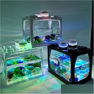 Aquarien Desktop-Aquarium mit leichtem Batterietyp, kleine Vorräte, Drop-Lieferung, Hausgarten, Haustier, Dhyno