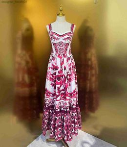 Grundläggande avslappnade klänningar Fancy Dress Womens Red and White Porslin Tryckt samlade midja ärmlös Fit Flare Cami Dress L230916
