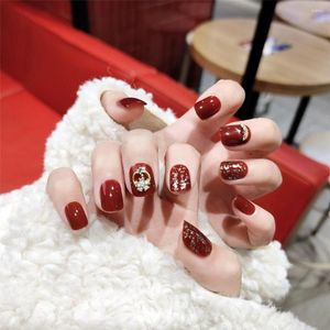 False Nails Full Cover French Fake Waterproof Short Rose Red Diamond Nail Square Head Wearable Manicure Press On Women