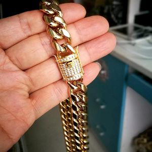 316L Stainless Steel 18K Gold Plated Cast Clasp & Diamond Cuban Chain Necklace Men Hip Hop Curb Chains Jewelry 14mm 20 22&qu260Z