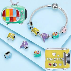 Loose Edelsteine Original Sterling Silber 925 Farbe Emaille Rice Cooker Toaster Blau Ofen CZ Haartrockner Radio für Armbandperlen Anhänger