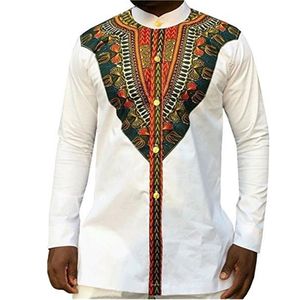 2020 Fashion Men's African Clothes Rich Bazin White Personlig tryck långärmad skjorta Kenya Nigeria Sydafrika kläder 257V