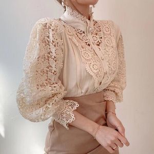 Petal Sleeve Stand Collar Hollow Out Flower Lace Patchwork Shirt Femme Blusas All-match Women Lace Blouse Button White Top