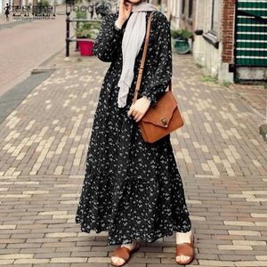 Basic Casual Dresses ZANZEA Women Casual Puff Sleeve Ruffled Hem O-neck Muslim Long Dress L230916