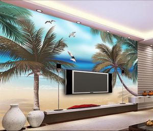 Wallpapers 3d papel de parede para quarto pintado à mão verão árvore praia gaivota tv fundo parede vivendo