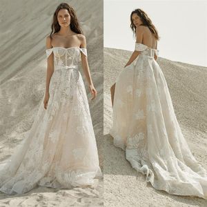 Eisen Stein A-Line Wedding Dresses Sexig Off Axla Applicques Lace Beach Bridal Glows Custom Made Open Back Sweep Train Wedding D241N