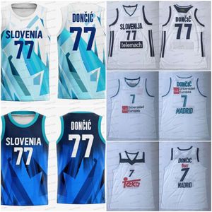 7 Luka Doncic 77 Blue Unicersidad Slovenia Europea Team Madrid Basketball Jerseys Stitched Shirts White Blue Doncic Mens