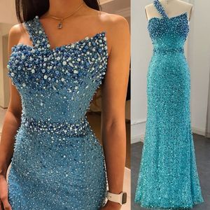豪華なドバイターコイズ青いイブニングドレス
