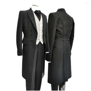 Men's Suits Black Men Peaked Lapel Wedding Groom Tuxedo Slim Fit Terno Masculino Prom Party Blazer 3 Pieces Long Jacket Pant Vest