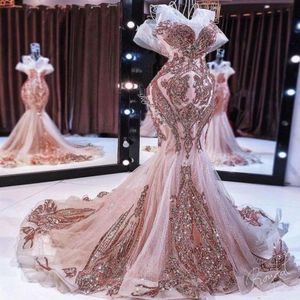 Nya Rose Gold Mermaid aftonklänningar Långt glittrande paljett Applique Pärled Fishtail Prom Gown Robe de Soiree3045