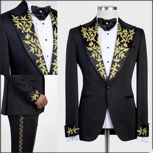 Черные мужские смокинги с золотой аппликацией для жениха, приталенный свадебный пиджак, костюмы, официальные брюки для выпускного вечера, пальто, куртка, 2 шт.272G