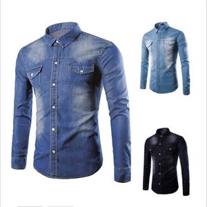 Новая черная джинсовая рубашка, мужская осенняя модная рубашка с двойным карманом, повседневная облегающая рубашка, сорочка Homme Marque2270
