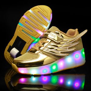 Новое розовое золото, дешевая детская мода, обувь для девочек и мальчиков со светодиодной подсветкой, обувь для катания на роликах для детей, детские кроссовки с колесиками, одни колеса263d
