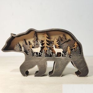 Other Home Decor Update Bear Christams Deer Craft 3D Laser Cut Wood Gift Art Crafts Toy Wild Forest Animal Table Decoration Statues Or Dhyca