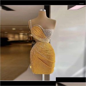 Vestidos Casuais Básicos Espumante Vestidos de Festa Curto Personalizado Mulheres Lantejoulas Um Shoder Spaghetti Plissado Dourado Amarelo Vestido Formal Drop Del Dhydn