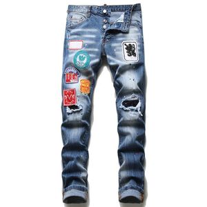 Mode män rippade smala fit jeans förstörde mager rakt avsmalnande ben tvättade designmens frayed motocykel denim byxor hip hop st189n