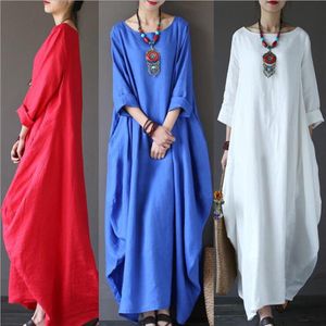 Sell Autumn Women Loose O-neck White Dress Long Sleeve Maxi Robe New Solid Color Dress283v