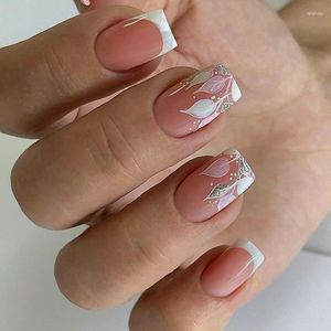 False Nails 24st Fashion White Leaves Short Square Nail Tips French Pink Fake Artificial Press On Coffin With Lim