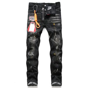 Jeans masculinos Jean Hip Hop Pants Street Trend Zipper Chain Decoration Ripped Black Moda Black Slim Fit Washed Motociclo Denim PA210B