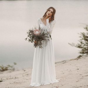 Ny strandbröllopsklänning långa ärmar boho v hals öppen baksida brudklänningar 2019 chiffon spets bröllopsklänning novias171o