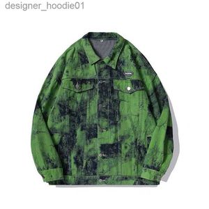 Women's Jackets American Retro Street Trendy Green Elf Tie-Dye Denim Jacket Vintage Men Women Fashion Baseball Uniform oversize Loose Casual ins L230916