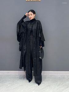 Women's Trench Coats SuperAen Autumn 2023 Korean Retro Jacquard Cardigan Coat Black Oversize Loose Long Fashion Woman