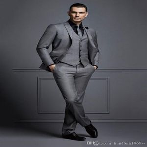 Fashionabla One Button Grey Groom Tuxedos Notch Lapel Groomsmen Man Herr Mens Wedding Suits Jacket Pants Vest Tie D206253Z