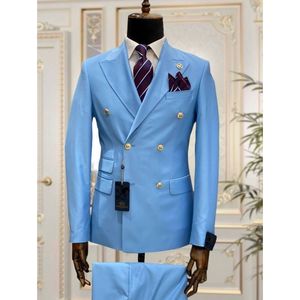 Men's Suits Blazers Light Blue Double Breasted Men Slim Fit Wedding Tuxedos Two Pieces Man Groom Business Party Prom Costume BlazerPants 230915