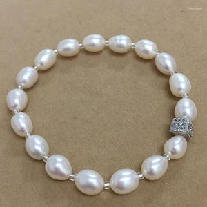 Strand Wysoka jakość bransoletki perłowej Natura Bransoletka słodkowodna- Lukier Ryż 7-9 mm mini kwadratowy metal srebrny