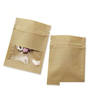 Confezione regalo 7X9 cm Piccola busta di carta Kraft marrone bianca addensata con cerniera con finestra trasparente per snack per tè e caffè, caramelle, alimenti, goccia Dh4Xz