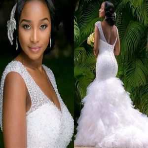 2022 Plus Size Arabic Aso Ebi Luxurious Mermaid Sparkly Wedding Dress Deep V-neck Tiers Tulle Bridal Gowns Dresses ZJ220226P