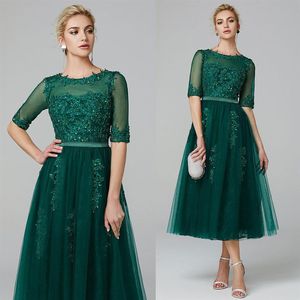 Olive Green Tea Length Mother Of the Bride Dress Half Sleeves For Wedding Party Guest Dresses Formal Evening Gowns255D