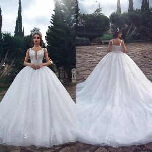 2022 Luxurious Crystal Wedding Dresses With Beads Ball Gown Sheer Illusion Spaghetti Neck Sleeveless Long Arabic Bridal Gowns BC27222g