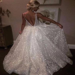 Abiti da sposa con paillettes bianchi scintillanti scollo a V profondo sexy con schiena bassa economici abiti da spettacolo abiti da sposa197O