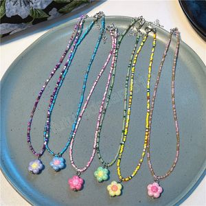 Colorful Beaded Chain Resin Flower Pendant Necklace For Women Girls Trendy Clavicle Chain Delicate Jewelry Gift