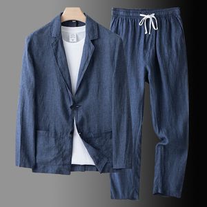 Męskie garnitury Blazers Men Summer Blazer Casual Linen Suit do kurtki cienki styl Spring Autumn Kids Leng Ninth Pants Cotton 2 -Scech Set 230915