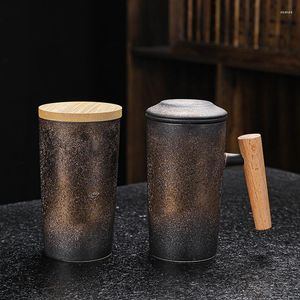 Mugs Japanese Style 260ml Retro Ceramic Coffee Mug Latte Espresso Cup Kungfu Tea Water Separation Wooden And Cover Drinkware