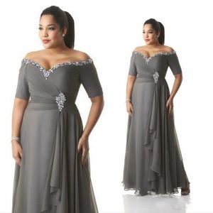 Grey Mother of the Bride Groom Dresses Plus Size Off the Shoulder Cheap Chiffon Prom Party Gowns Long Evening Wear243g