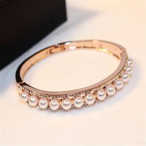 New fashion ins luxury designer super glittering diamond elegant pearls rose gold bangle bracelet for woman girls 19cm3524