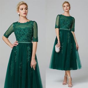 Olivgrünes, teelanges Mutter-der-Braut-Kleid mit halben Ärmeln für Hochzeitsfeier-Gastkleider, formelle Abendkleider260b