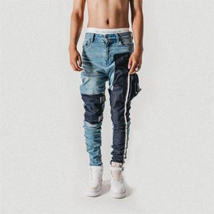 Jeans desgastados com bolso amarrado, jeans slim cônico para motociclista, hip hop, streetwear, algodão não elástico, 2011111951