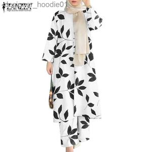 Vestidos casuais básicos zanzea mulheres muçulmano diário floral impresso gota de água fendas laterais cintura elástica com bolsos terno l230916