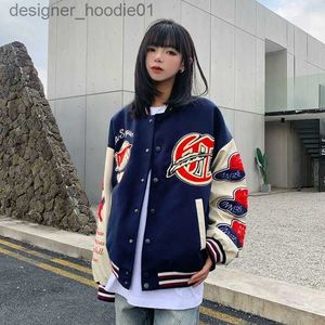 Kurtki damskie American Retro Jacket Baseball Mundur Vintage Female Spring Autumn Lose Top Flocking Hafted Street Hip Hop Schuting L230916