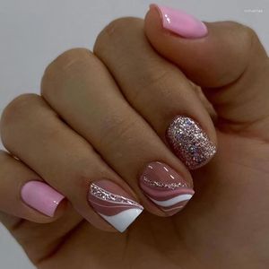 Unhas Falsas Explosivas Espumantes Rosa Curto Branco Sólido Ripple Glitter Pó Completamente Acabado Falso Arte Dicas de Unhas Cola Verão Praia Mulher