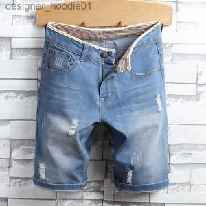 Jeans da uomo Taglia 28-38 Pantaloncini di jeans da uomo Moda casual Distressed Hole Strappato Stretch Elastico Pantaloni corti Jean Blue jean L230916