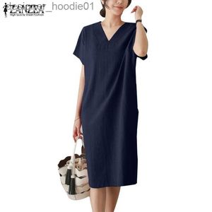 Basic Casual Dresses ZANZEA Women Casual Solid Short Sleeve Vintage V-Neck Loose Midi Dress L230916