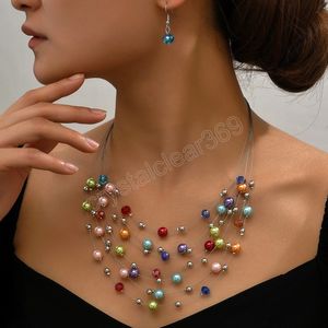 Collana di orecchini di perle colorate multistrato etnico Boho Set di orecchini per donne Set di gioielli di perle simulate Regalo di nozze per bomboniere