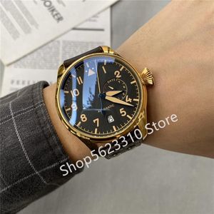 Classico nuovo orologio da polso meccanico automatico Maschile Sette giorni Riserva di carica Pelle nera Calendario in oro giallo Big Pilot 46mm319D