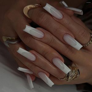 False Nails Press On White French Nail Long Ballerina Coffin Full Cover Manicure återanvändbar 24st Art Ins