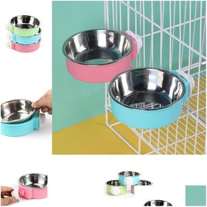 Dog Bowls matare rostfritt stål Pet Cat Lock On Cage Feed Drink Supplies Drop Ship Leverans Home Garden Dhnsx